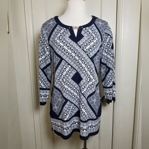 JM COLLECTION Navy and White Women's Patterned Top metallic stud bodice tunic